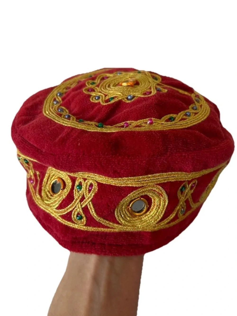 Vintage Turkish Velvet Fez Hat Gold Embroidered Jeweled Festival Cap - Picture 10 of 12